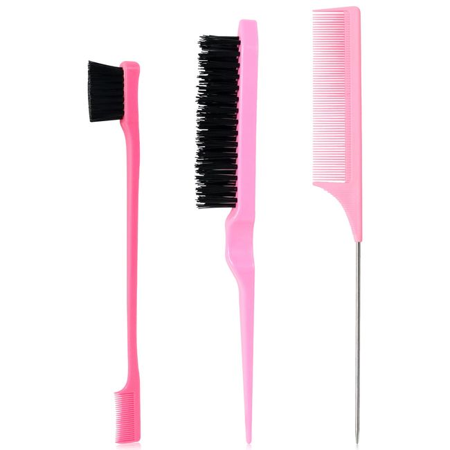 Sularpek 3 Pcs Slick Brush Set, Plastic Bristle Hair Brush Teasing Comb Edge Hair Brush Teasing Brush Set, Rat Tail Comb Double Sided Edge Brush, for Hairdresser Women Baby Children (Pink)