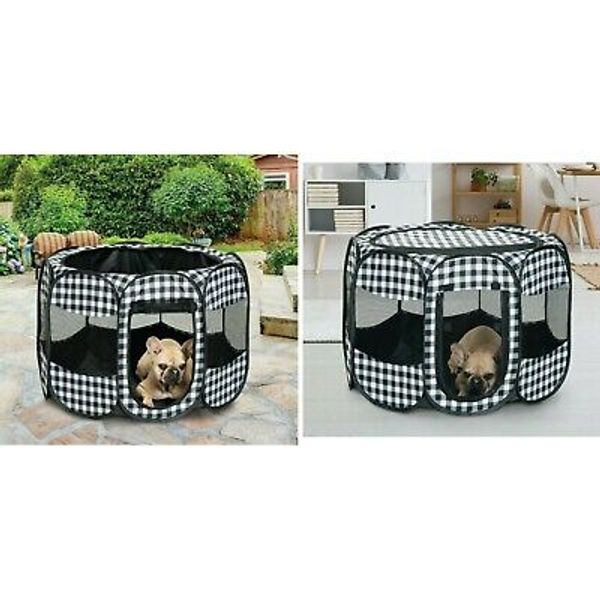 Pet play tent Portable playpen Pop Up Dog Cat small Animal crate PLAID DESIGN Lg