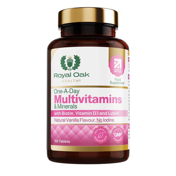 Royal Oak Health Multi Vitamins and Minerals with Biotin, Vitamin D3 and Lutein with Natural Vanilla Flavour & No Iodine, 180 Tablets Pack