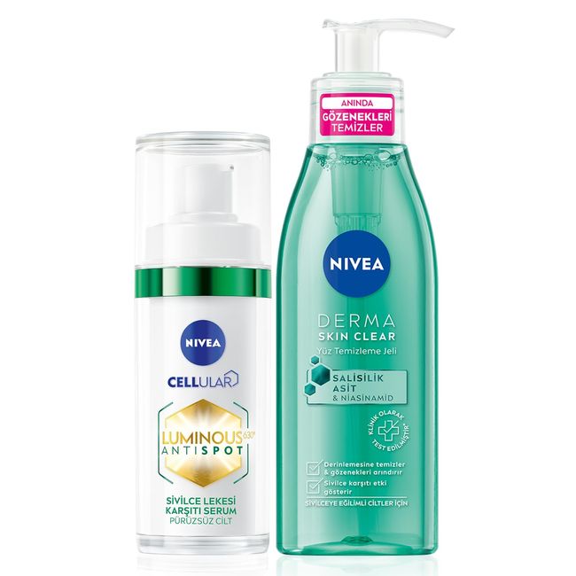 NIVEA Sivilce Karşıtı Luminous630 Serum ve Derma Skin Clear Temizleme Jeli,Salisilik Asit,Yağlı Cilt