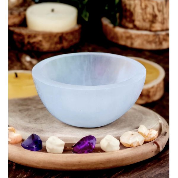 4All Selenite Crystals Round Cleansing Bowl Spiritual Energy Healing White Natural Meditation Tool Angels Reiki Crystals Handmade Tumbles Jewelry Storage for Decoration Gift (8cm)