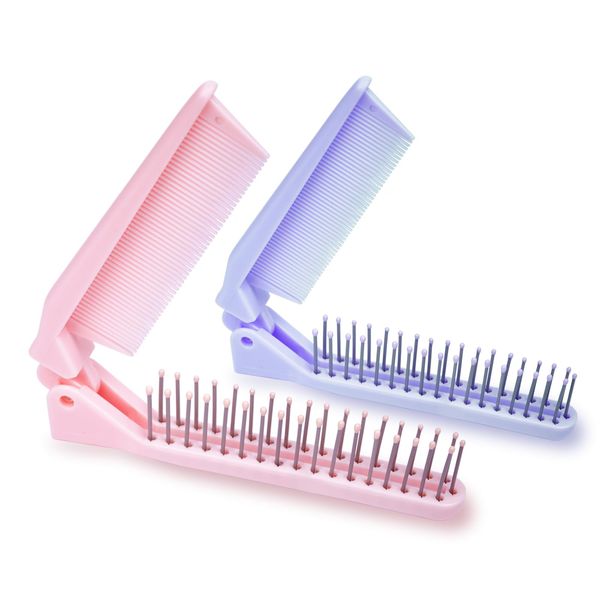 RHOS 2 Piece Folding Hair Comb,Portable Travel Folding Comb Brush-Small Compact Foldable Hair Brush for Purse,Bags-Double Headed Pocket Size Folding Comb Set for Women,Girls(Pink&Purple)