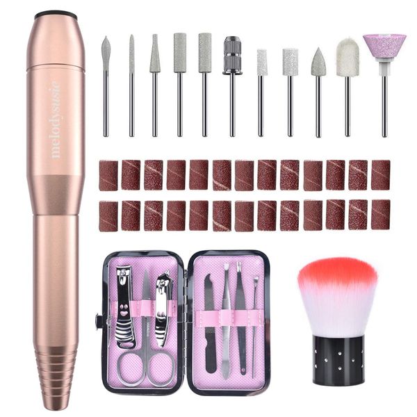 MELODYSUSIE Sheen Electric Nail Files 20000RPM for Beginners, Professional Compact Nail Drill Machine Set for Acrylics Nails, Efile with Nail Clippers Manicure and Pedicure Set, with UK Plug, Gold