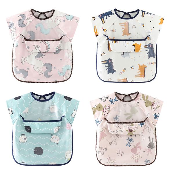 Discoball 4pcs Baby Bibs Short Cotton Sleeves Unisex Feeding Bibs Waterproof Front Weaning Bib for Infant Toddler 1 to 4 Years