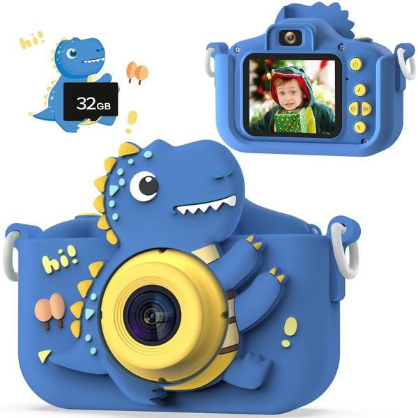 NIDOOT Dinosaur Kids Camera, HD Selfie Toddler Camera, Christmas Birthday Toys for Boys Girls Age 3-12, Kid Digital Camera with 32GB Card, Dinosaur Toys for Kids 3 4 5 6 7 8 Girls Boys Gifts (Blue)