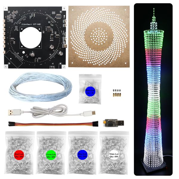 iCubeSmart Led Canton Tower Model DIY Electronic Kit, LED Cube Model Handmade Soldering Project Kit, 64 LED Circles, Height 1 Meter. (GZT-64)