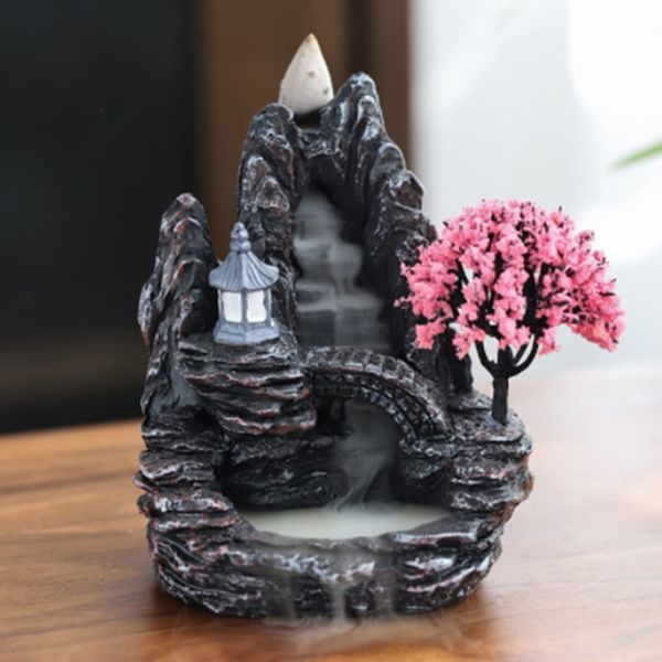 Waterfall Backflow Incense Burner Incense Holder,Suuwwn Backflow Incense Burner Mountain and Flowing Water Landscape Incense Holders Resin Incense Burner Home Decor for Home Office Yoga