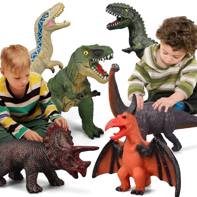 Gzsbaby 6 Piece Dinosaur Toys for Kids and Toddlers, Blue Velociraptor T-Rex Triceratops, Large Soft Dinosaur Toys Set for Dinosaur Lovers - Perfect Dinosaur Party Favors, Birthday Gifts