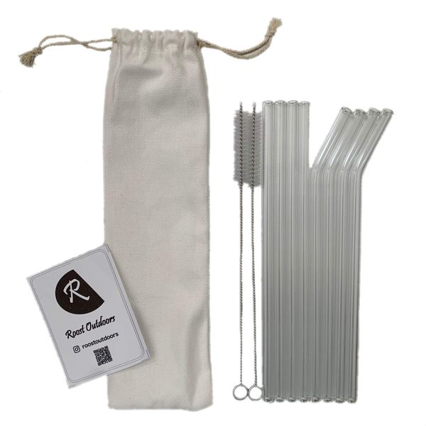 Roost Outdoors Glass Straws, Set of 8, Bent Straws, 4 Straight Straws, 2 Cleaning Brushes, Long (Transparent) 7.9 inches (20 cm)