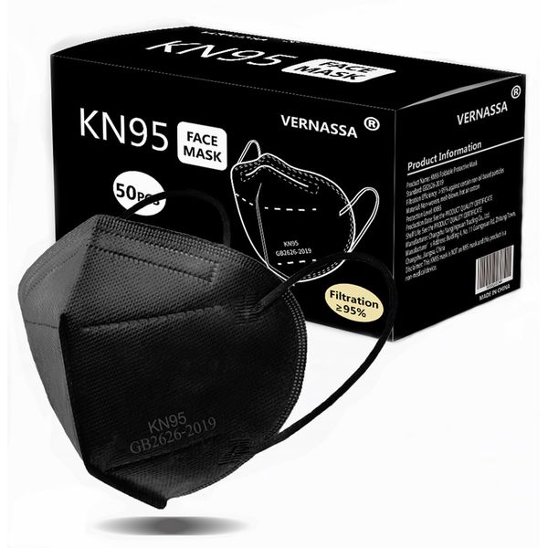 VERNASSA KN95 Face Mask 50 Pack, Individually Wrapped, 5-Ply Breathable Comfortable Safety Mask Filter Efficiency≥95% Against PM2.5 Black masks