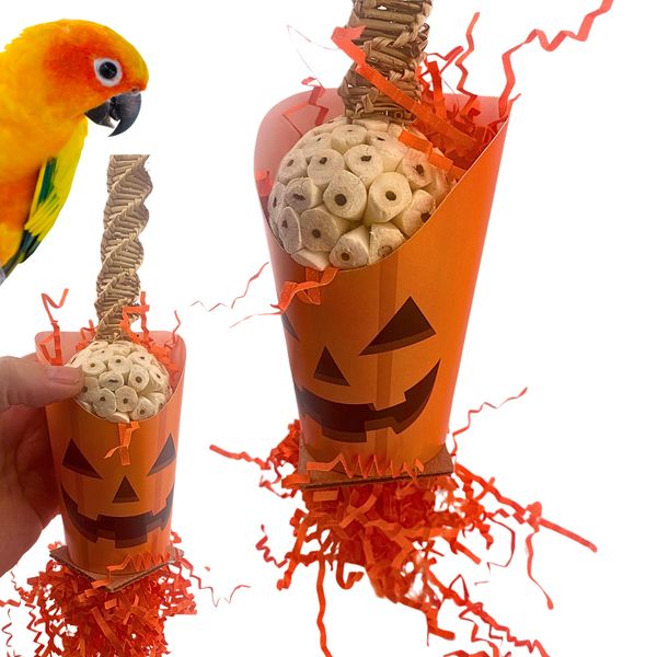 Bonka Bird Toys Halloween Ghoulish Treat Cups Sola Atta Chew Shred Parrot Cage Toy, Conure, Ringneck, Quaker, Cockatiel, and Similar Breed Sizes (2705 Pumpkin)