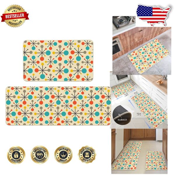 Cute Retro Kitchen Mats Set - Yellow Mid Century Floor Rugs, Non-Slip & Washable