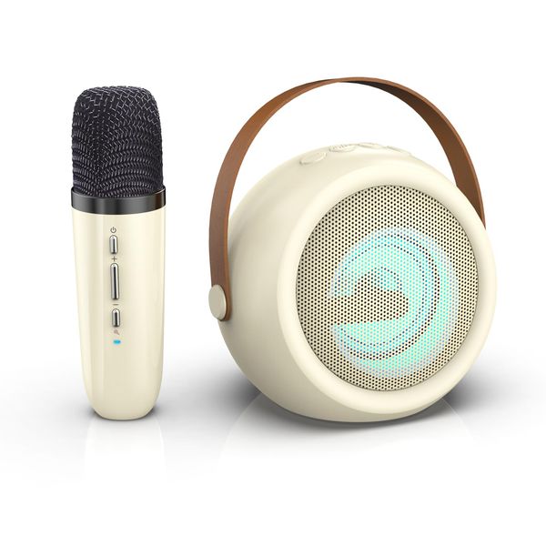 Kids Karaoke Machine, Portable Bluetooth Speaker with Wireless Microphone (Beige)