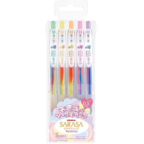 Zebra JJ75-5C-MB Sarasa Clip Gel Ballpoint Pens, Marble Color, 0.5, 5 Colors