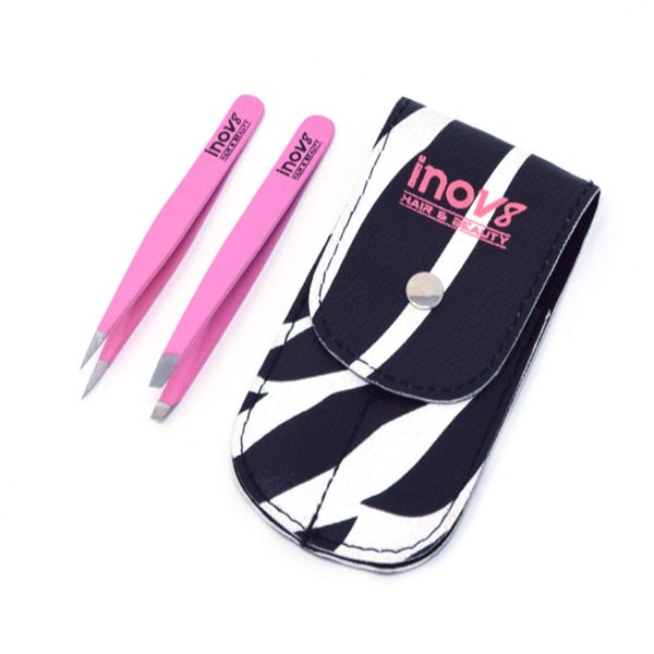 Stainless Steel Eyebrow Pink Tweezers with Zebra Designed Travel Pouch - Plucking Beauty Tool - Plucking 2 Pieces Set for Ingrown Hair and Facial Hair