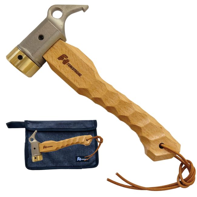 FOREST HOME Short Peg Hammer, Brass Head, Wood, Chestnut Processing Handle, Small, Compact, Peg Hammer, Outdoor Tent Setup (Natural)