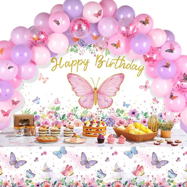 Pink and Purple Butterfly Party Decorations Include Pink Purple Balloon Arch Kit Butterfly Happy Birthday Photography Backdrop Banner Tablecloth for Girls Women Birthday Party Supplies Decor