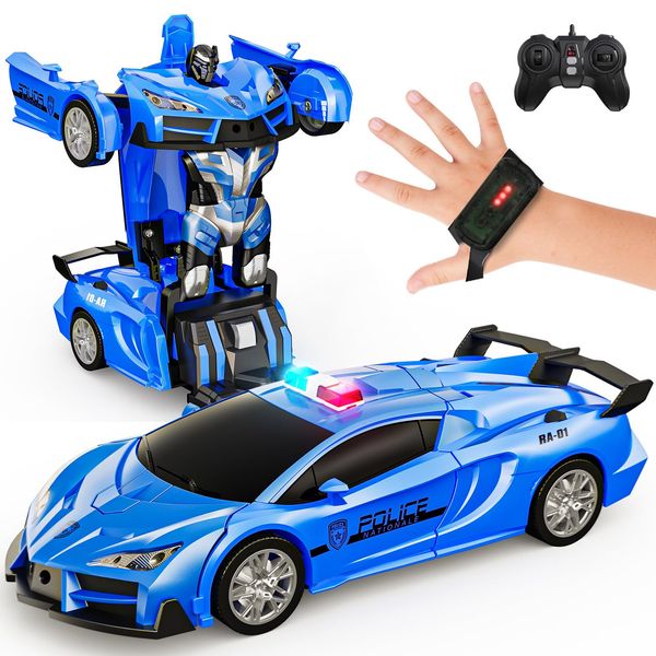 Tecnock Remote Control Car - Gesture Sensing, Transform RC Cars for Kids, 2.4GHz One Button Transformation Robot Toy with LED Lights, Police Car Toy Gift for Age 8-12 Boys,Girls