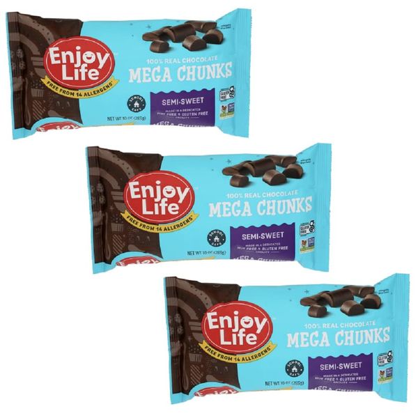 Enjoy Life Mega Chunks Gluten Free Non-GMO Semi-Sweet Chocolate -- 10 oz Each / Pack of 3