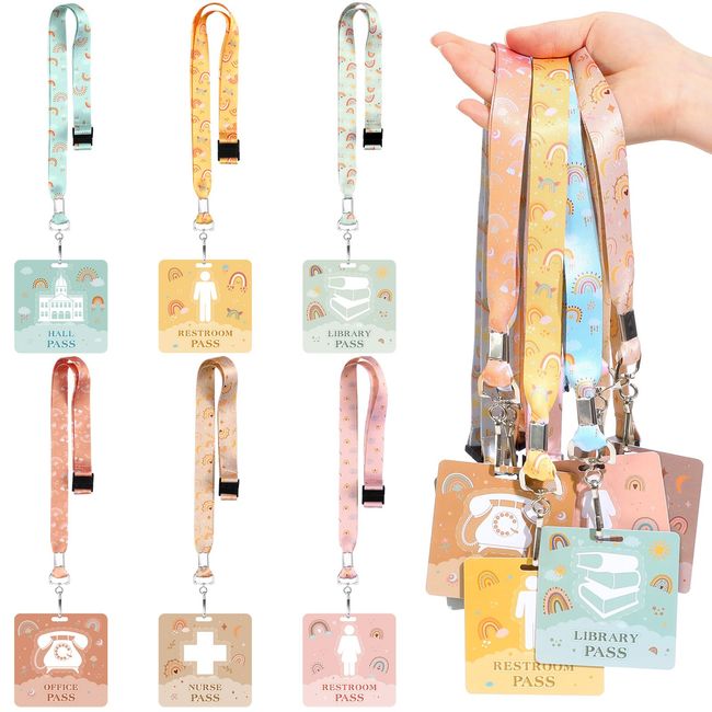 Kosiz 24 Pcs Hall Passes Lanyards School Classrooms Passes Set Unbreakable PVC Bathroom Passes Bulk Neck Lanyard School Passes for Teacher Student Parent Library Office Nurse Supply (Boho)