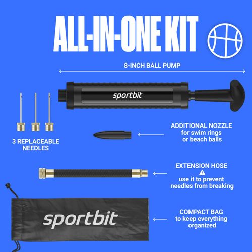 SPORTBIT Ball Pump with 3 Needles, Nozzle, Extension Trousers, Bag - Great Air Pump for Sports Balls - Football & Soccer, Basketball, Volleyball Pump, Swimming Inflatable Items - Black