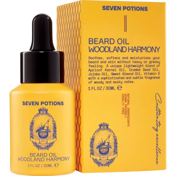 Seven Potions Premium-Bartöl für Männer - Jojobaöl-Bartweichmacher zur Pflege von Haut, Haar und gegen Bartjucken - rein natürlich, vegan, frei von Tierquälerei – Woodland Harmony