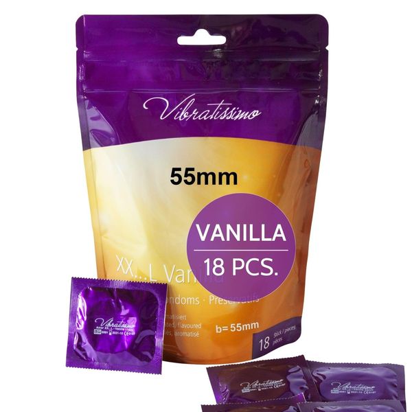 VIBRATISSIMO XXL Vanilla Condoms 18-Pack I Premium Condoms with Aroma I Condoms for Men I Vanilla Flavored Condoms with Thin Wall Thickness & Aromatized I Thin Feel Condoms I w=55mm