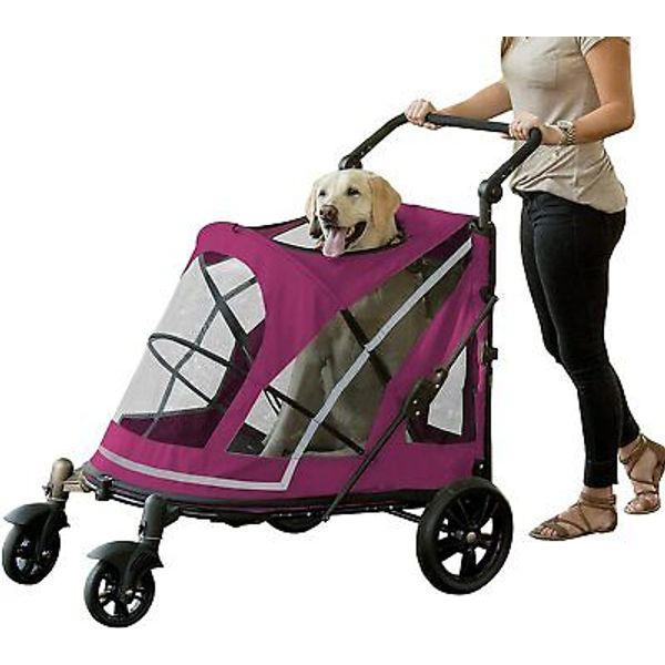 NO-Zip Pet Stroller with Dual Entry, Push Button Zipperless Entry for Single ...