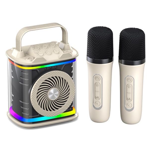 Mini Karaoke Machine for Kids Adults, Portable Bluetooth Speaker with 2 Wireless Microphones, Microphone Speaker Set with LED Lights for Home Party, Birthday Gifts for Boys Girls Kids (Cream White)