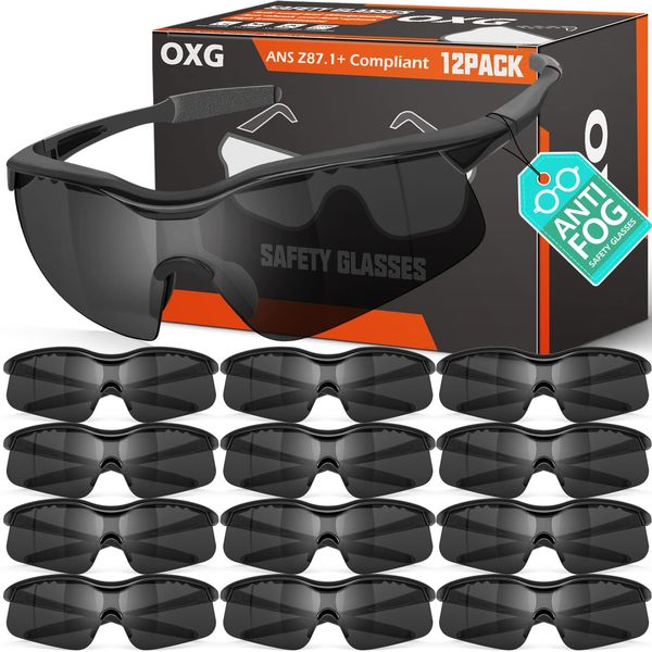 OXG 12 Pack Anti Fog Tinted Safety Glasses for Men, ANSI Z87.1 Safety Goggles Impact Scratch Resistant Eye Protection for Shooting, Work, Construction