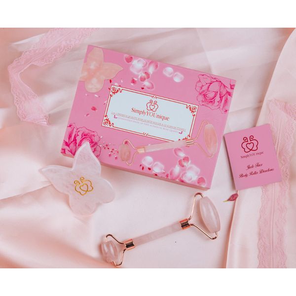 Rose Quartz Crystal Jade Roller Gua Sha Tool Set Premium Beauty Bundle +FREESHIP