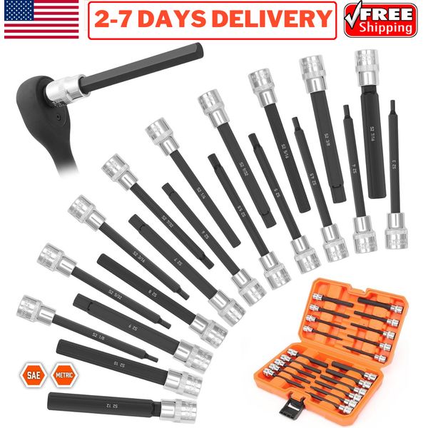 20pcs Extra Long Allen Hex Bit Socket Set 3/8" Drive SAE Metric Allen Socket Kit