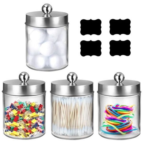 Set of 4 Glass Cotton Swab Cases, Small Item Storage Boxes with Lids and Label Stickers, Transparent, Round, Cosmetic Boxes, Cotton Ball Storage Boxes, Bathroom Vanity Office Tabletop Storage, Dustproof, 7.11*11.4CM (270ML) (Silver Lid)