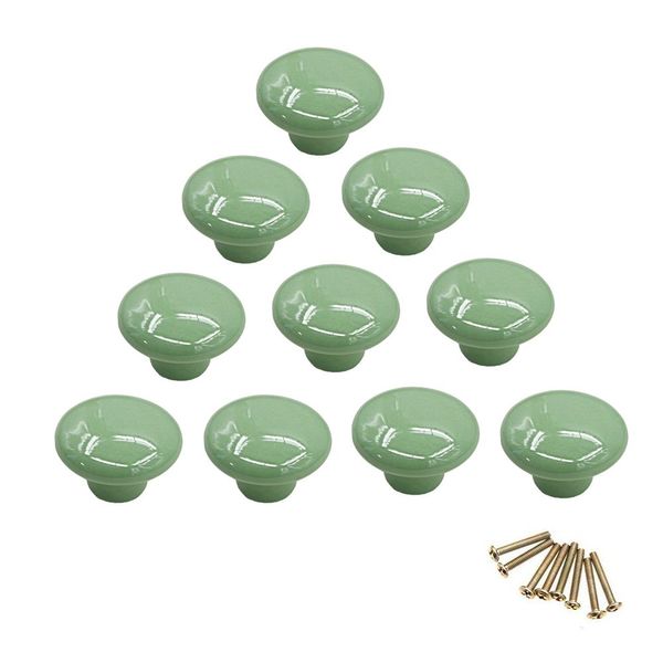 NUODWELL 10Pcs Round Colorful Ceramic Cabinet Knobs Single Hole Pull Handle for Drawer,Cupboard,Dresser,Door (Green)