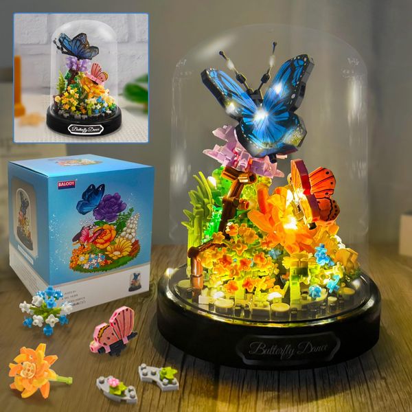 Allhero Flower Bouquet Building Set with LED String Light, Animals Flower Botanical Collection, 530 Pcs Mini Bricks Building Blocks Toy for Kids, Adults, Gift for Mother's Day, Christmas(Butterfly)