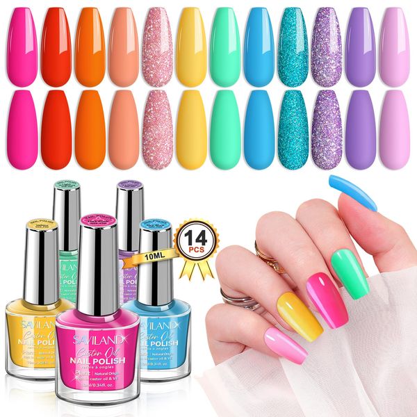 Saviland Nail Polish Sets, 12 Colors Rainbow Nail Polish Quick Dry Castor Oil & Vitamin E Neon Nail Varnish with Base-Top Polish Coat Glitter Nail Polish Kit Gift for Women Toenail Manicure Nail Art