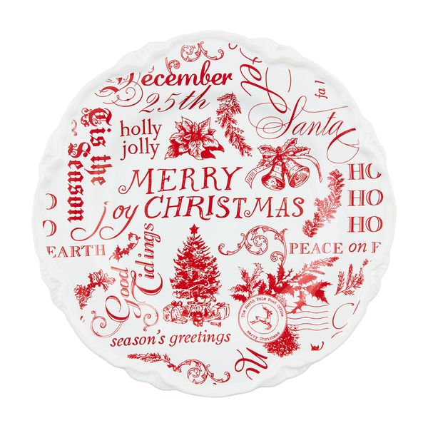 Mud Pie Word Print Xmas Dessert Plates, 8" dia, RED