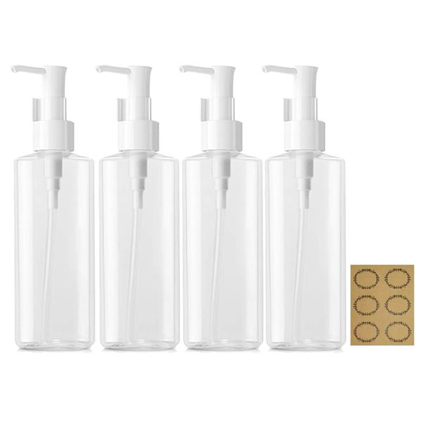 Apstaqeoo 4Pcs 150ML Empty Lotion Dispenser Refillable Clear Plastic Oval Travel Bottles Makeup Cosmetic Flat Container Dispenser with Pump Head & Labels for Gel Creams Shampoo Massage Cleansing Oil