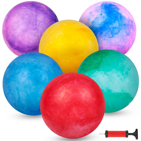 AMOR PRESENT 6PCS Playground Balls, 12 Inches Giant Marbleized Bouncy Balls Rainbow Dodgeballs Rubber Kickballs, for Indoor & Outdoor Games, Gym and Yoga Exercises, Sports Party Favors