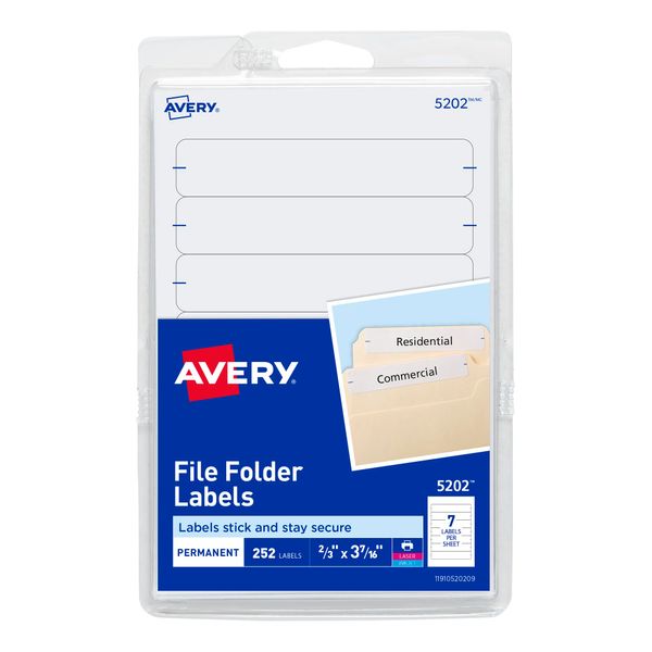 Avery File Folder Labels, Laser and Inkjet Printers, 1/3 Cut, White, Pack of 252 (05202)