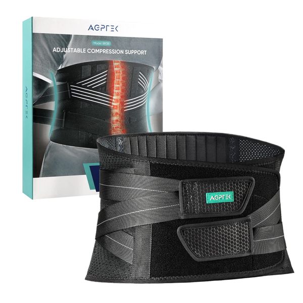 AGPTEK Back Support Belt, Back Brace for Men Women Lower Back Pain Relief with 7 Stays, Waist Lumbar Support with 3D Honeycomb Breathable Mesh Design for Sciatica Scoliosis, L: 37.4-45.3in