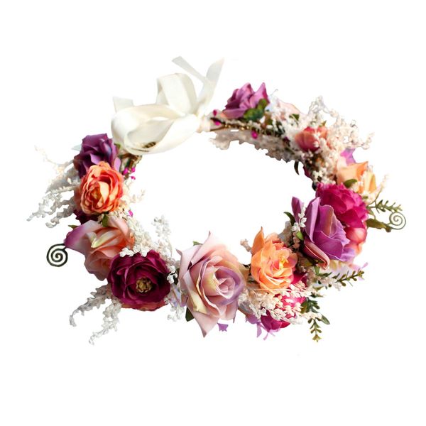 LLinfflr Rose Flower Crown Boho Flower Headband Hair Wreath Floral Halo Headpiece with Ribbon Wedding Party Rosy