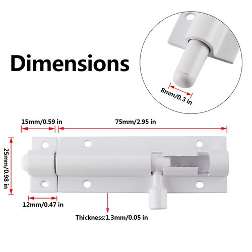 BokWin 2Pcs 3 Inch White Solid Aluminium Slide Bolt Latch, Mini Door Barrel Bolts Latches, Solid Aluminium Thickened 1.3mm Security Gate Sliding Latch Lock with 12 Screws