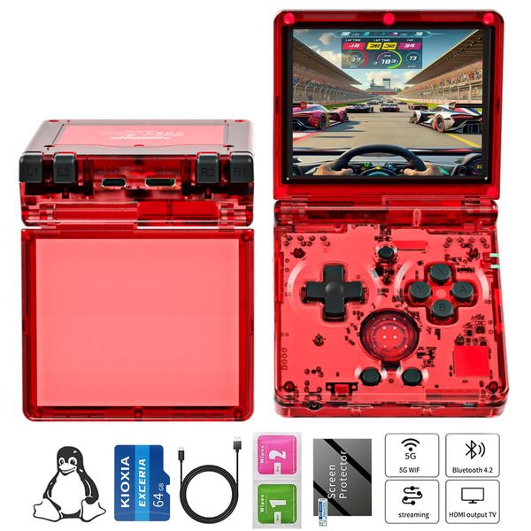 RG35XXSP Handheld Game Console RG35XX SP Clamshell Retro Game Console with 64G TF Card Portable Gaming Console with 3.5 inch Screen 3300mAh Battery 5G WiFi Bluetooth HD and TV Output Red Transparent