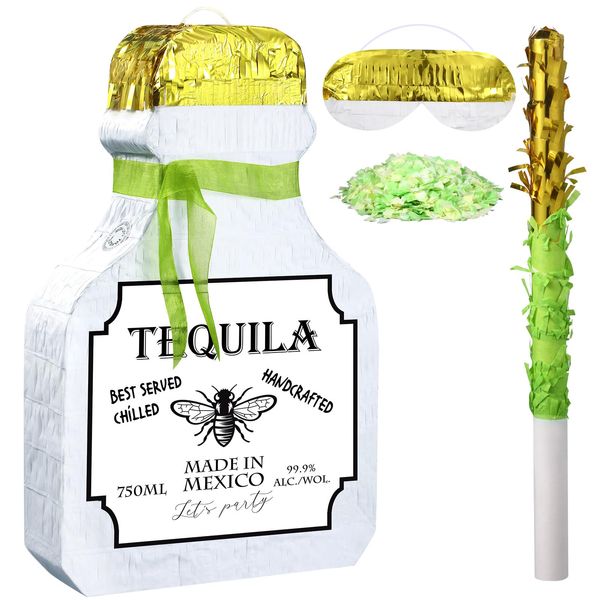 Panelee Adult Pinata with Stick Tassel Blindfold Confetti Beer Mug Pinatas Champagne Whisky Tequila Bottle Pinata Set for Adult Women Men Bachelor Birthday Wedding Anniversary Party (Tequila)