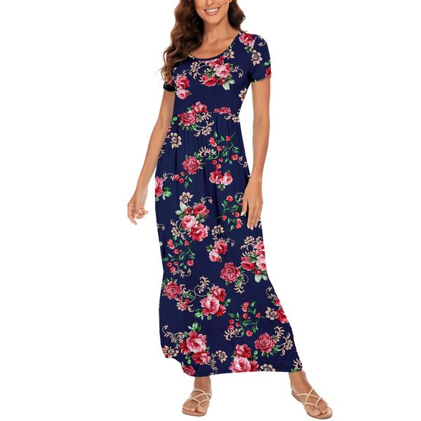 YUNDAI Womens Maxi Dress Summer Casual Short Sleeve Floral Loose Long Dresses Plus Size Ladies Dress with Pocket