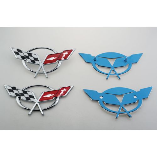 Front Nose & Rear Deck Lid Crossed Flags Emblems Car Badge Nameplate 3D Logo Compatiable with 1997-2004 Corvette C5 19207384 19207385 2Pcs (Pair) (Chrome Red)
