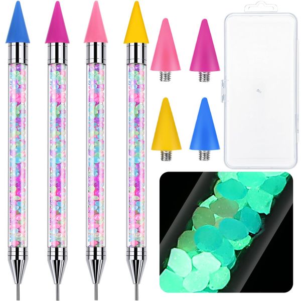 Tatuo 4 Pcs Glow Rhinestone Picker Dual End Rhinestone Pickup Tool Wax Pencil for Rhinestones Crystal Beads Wax Pen Rhinestone Applicator Nail Dotting Tools with Wax Tips for Manicure DIY Nail Art