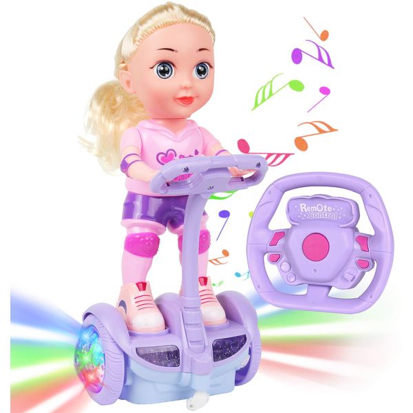 Doll Set with Remote Control Toy Electric Scooter for Kids with LED Lights Music and 360° Rotation