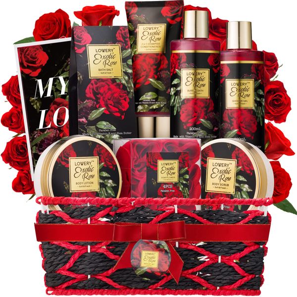 Fathers Day Gifts from Daughter and Son, Spa Bath and Body Gift Set, Exotic Rose Gift Basket for Women & Men, Thank You, Birthday, Mom, Personalized Gifts with Body Scrub, Bubble Bath, Lotion & More